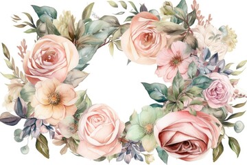 beautiful wreath made of pink roses and green leaves. Generative AI