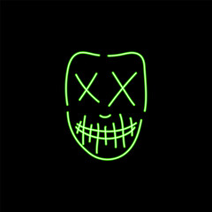 Neon green zombie mask. Creepy character with cross eyes and sewn mouth with fangs for halloween and vector party