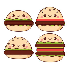 Set of different kawaii burgers