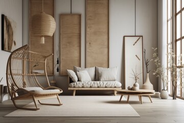White and dark Japanese living room with copy space. Sofa and hanging chair. Wabi sabi decor,. Generative AI