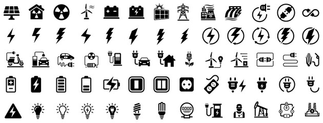 Fototapeta na wymiar Electricity icons vector set. Set of green energy thin line icons