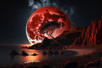 Artwork Fantasy | fantasy red romantic full moon on a mountain with a lonely tree. Ai