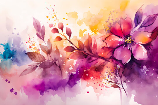 Watercolor floral background. Purple and pink flowers drawing. Botanical wallpaper design for spring and summer. Generative AI.