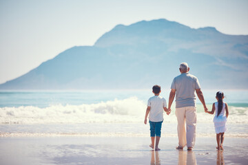 Holding hands, relax and grandfather with children at beach for holiday, bonding and vacation...