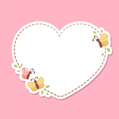 Cute Heart Floral Butterfly Frame. Spring Summer Border Vector Illustration.