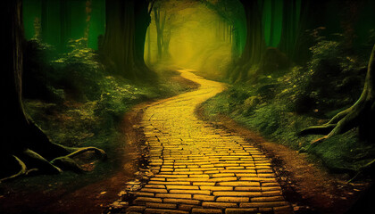 Yellow Brick road in magic forest by AI - obrazy, fototapety, plakaty