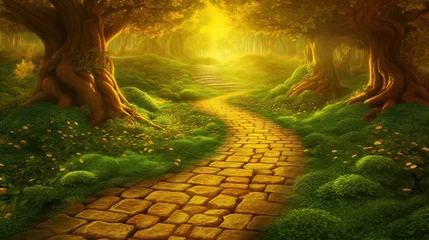 Fotobehang Yellow Brick road in magic forest by AI © Daniil