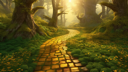 Yellow Brick road in magic forest by AI - obrazy, fototapety, plakaty