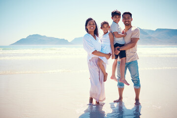 Beach, family and portrait of parents with kids, smile and bonding together on ocean vacation...