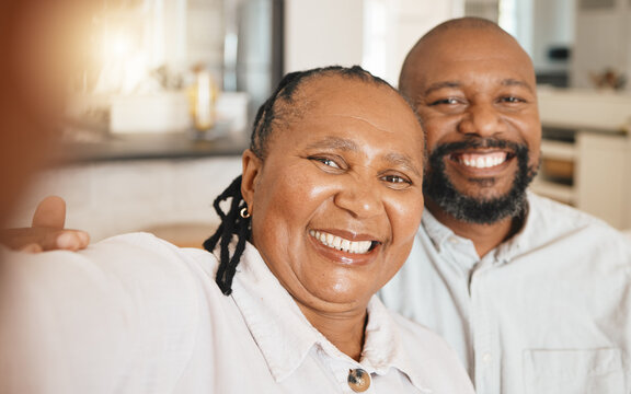 Smile, selfie and mature black couple on sofa in home with happiness and love in relationship together. Self portrait, happy man and woman taking romantic picture for social media in South Africa.