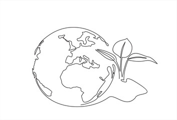 Single continuous one line art growing sprout. Plant leaves grow planet Earth seedling eco natural concept design sketch drawing vector illustration art