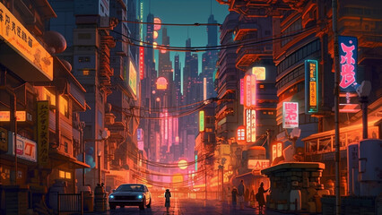 夜の背景のアニメ背景 Night City Animated Backgrounds Generative AI 画像生成AI