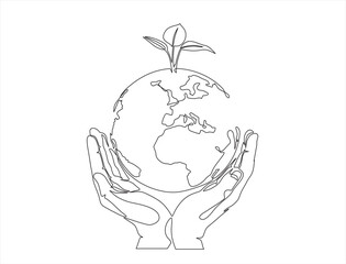 Single continuous line of hands holding planet earth and tree leaf. Plant leaves grow planet Earth seedling eco natural concept design sketch drawing vector illustration art 