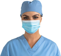 Woman health worker wearing mask and looking at the camera