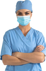 Woman health worker wearing an mask and an blouse looking to the camera with black background