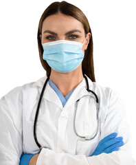 Woman health worker wearing an mask and an blouse looking to the camera with black background