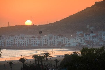 Agadir beach and city On Sundown in Morroco