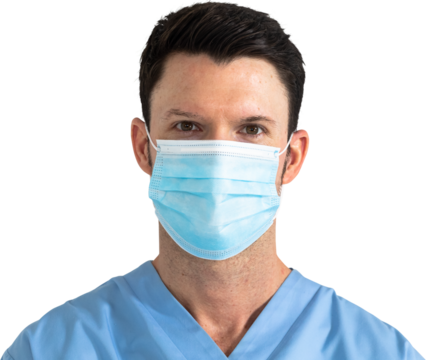 Man health worker wearing an mask and an blouse looking to the camera with black background - Powered by Adobe