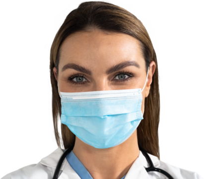 Woman health worker wearing an mask and an blouse looking to the camera with black background - Powered by Adobe