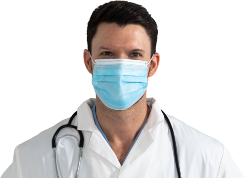 Man health worker wearing an mask and an blouse looking to the camera with black background - Powered by Adobe
