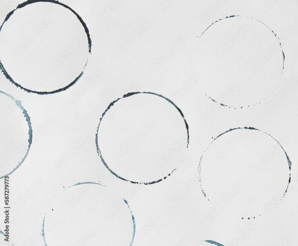 Sticker blue shapes of Wine circle and Coffee ring stains. Wine glass marks or coffee cup round stains and dirty splashes and spots isolated. Hand drawn tea or ink ring stains on white background