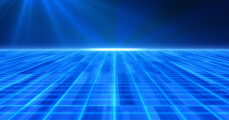 Abstract blue glowing neon laser grid retro futuristic high tech from 80s, 90s with energy lines on surface and horizon, abstract background