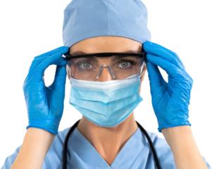 Woman health worker wearing gloves ,glasses and blouse looking at the camera in black background