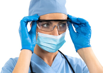 Mid section of health worker wearing gloves,glasses, and stetoscope against black background