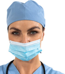 Woman health worker wearing an mask and an blouse looking to the camera with black background