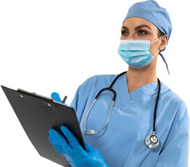 Mid section of woman health worker writing on a notepad against black background