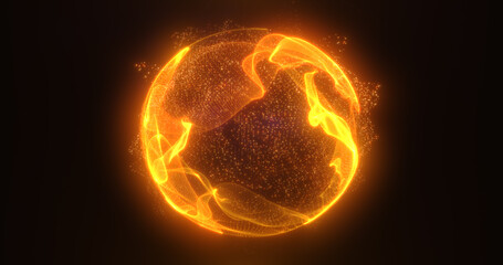 Abstract orange fire energy sphere of particles and waves of magical glowing on a dark background - obrazy, fototapety, plakaty