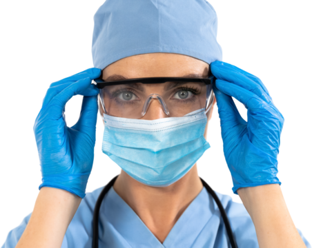 Woman health worker wearing gloves ,glasses and blouse looking at the camera in black background - Powered by Adobe