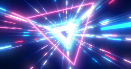 Fototapeta premium Abstract purple energy futuristic hi-tech tunnel of flying triangles and lines neon magic glowing background