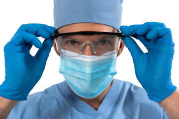 Man health worker looking at the camera and wearing glasses with black background