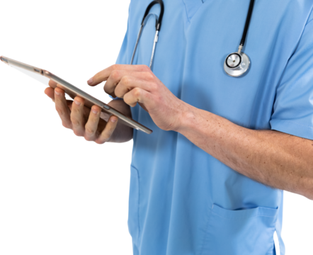 Mid section of man health worker writing on a tablet against black background