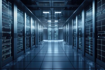 An illustration of a modern, high tech data center with rows of racks holding server and network components. Generative AI