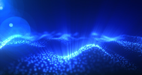 Abstract glowing blue magic energy wave from particles and dots bright shiny on a dark blue background. Abstract background