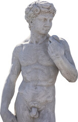 Fototapeta premium Image of ancient classical style weathered sculpture of naked man on transparent background