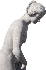 Fototapeta premium Image of ancient classical style weathered sculpture of naked woman on transparent background