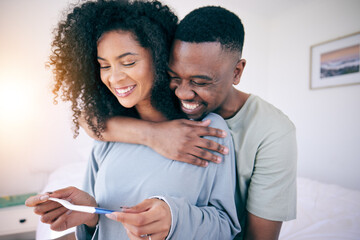 Pregnancy test, hug and black couple in a home with a smile from baby news. Support, care and happy parents with a young and new mother and dad together feeling love with pregnant woman in bedroom