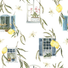 Watercolor Windows, Lemons and Eucalyptus branches seamless pattern. Digital painted trendy print.