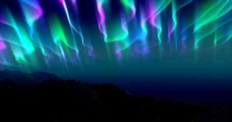 The abstract background of the multi -colored northern lights and mountains in the north, a bright iridescent realistic light light in the sky