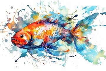 single goldfish swimming in clear water against a plain white background. Generative AI
