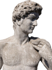 Image of ancient classical style weathered sculpture of naked man on transparent background