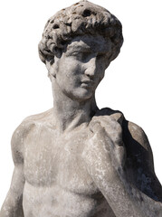 Image of ancient classical style weathered sculpture of naked man on transparent background