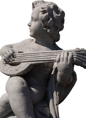 Image of ancient classical style weathered sculpture of cherub on transparent background