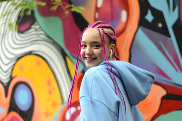 Fototapeta na wymiar Portrait of a happy caucasian teenage girl with pink braids using wireless headphones against the background of a multicolored street wall.Generation Z style,creativity.