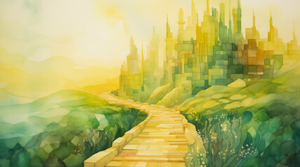 Watercolor drawing of yellow brick road leading to city by AI - obrazy, fototapety, plakaty