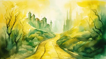 Watercolor drawing of yellow brick road leading to city by AI