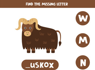Find missing letter with cartoon muskox. Spelling worksheet.